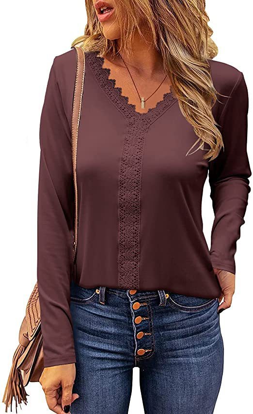 Damen elegantes V-Ausschnitt Longsleeve-Shirt mit Spitzenbesatz EB