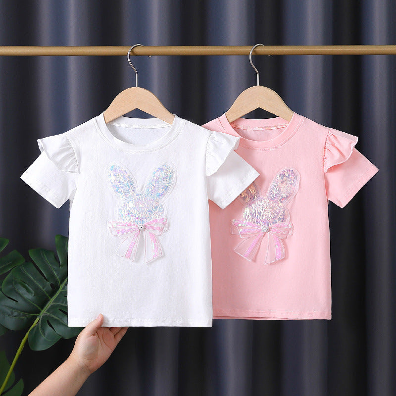 Mädchen T-Shirt mit aufgesticktem Häschen und Rüschendetails EB