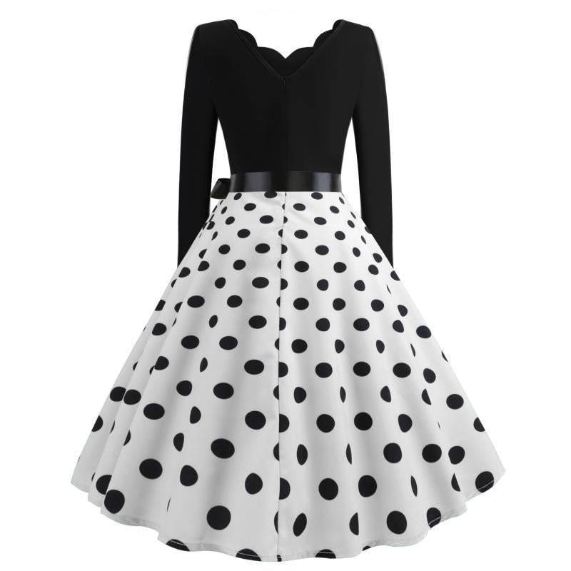 Damen Vintage Tellerkleid mit gewelltem V-Ausschnitt, tailliertem Satinband und langen Ärmeln EB