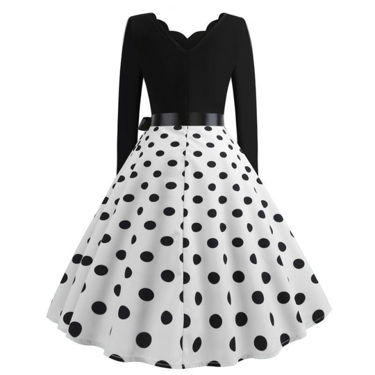 Damen Vintage Tellerkleid mit gewelltem V-Ausschnitt, tailliertem Satinband und langen Ärmeln EB