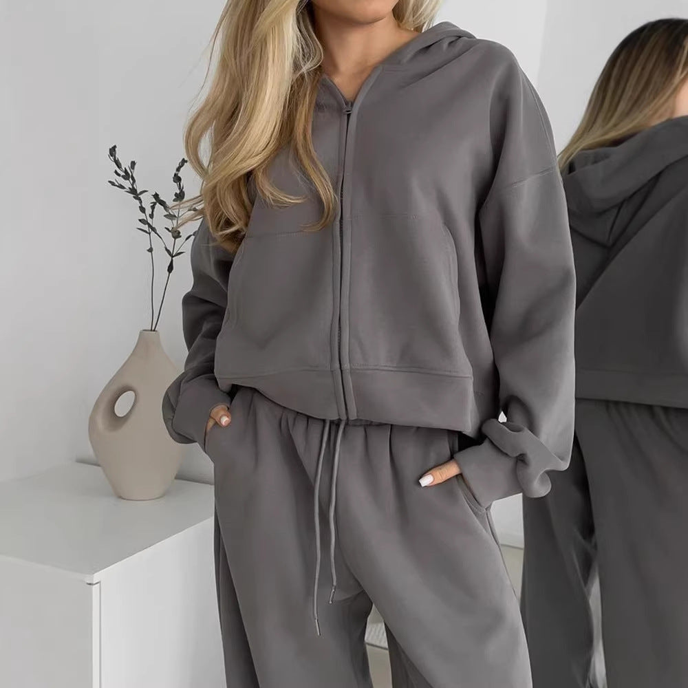 Damen lässiges Kapuzen-Sweatshirt mit Reißverschluss und weiten High-Waist Jogginghose EB
