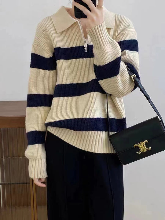 Damen Grob gestrickter Pullover mit modernem Streifenmuster und V-Ausschnitt EB