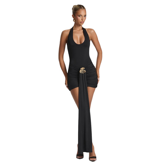 Damen Elegantes Mini-Kleid mit tiefem V-Ausschnitt und seitlichem Schal EB