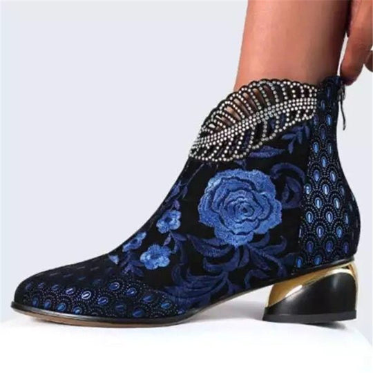 Damen nan bestickte Ankle-Boots mit Samteinsatz Perlenbesatz und skulptiertem Blockabsatz EB