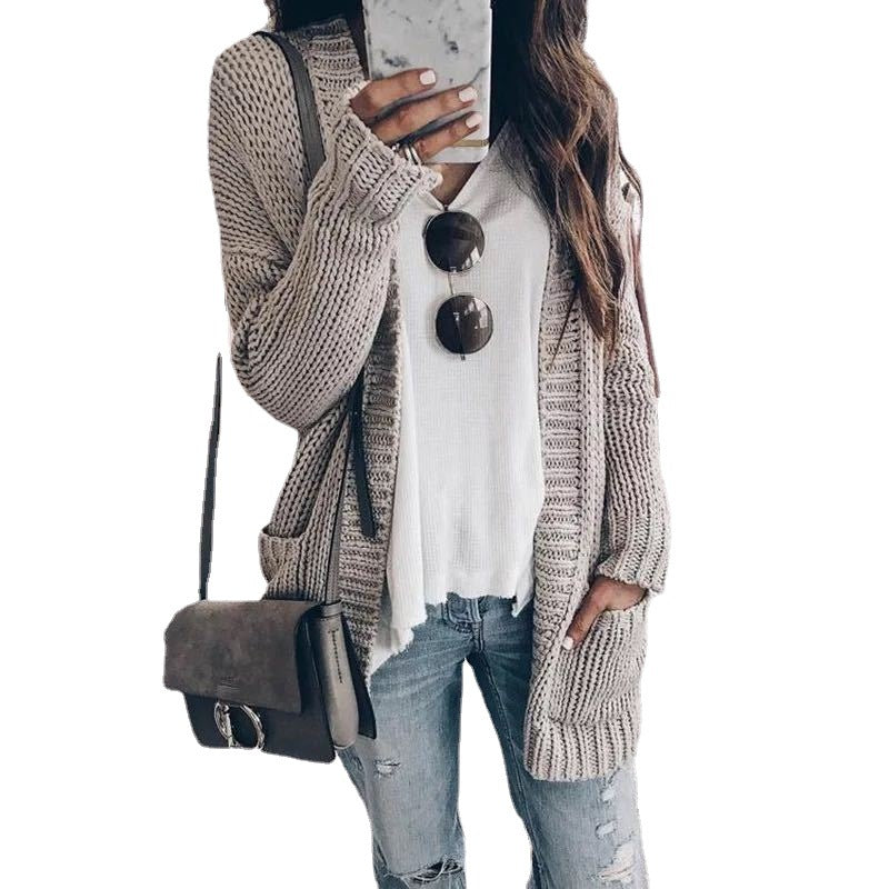 Damen Grobstrick-Cardigan mit tiefen Taschen und weit geschnittenen Ärmeln EB