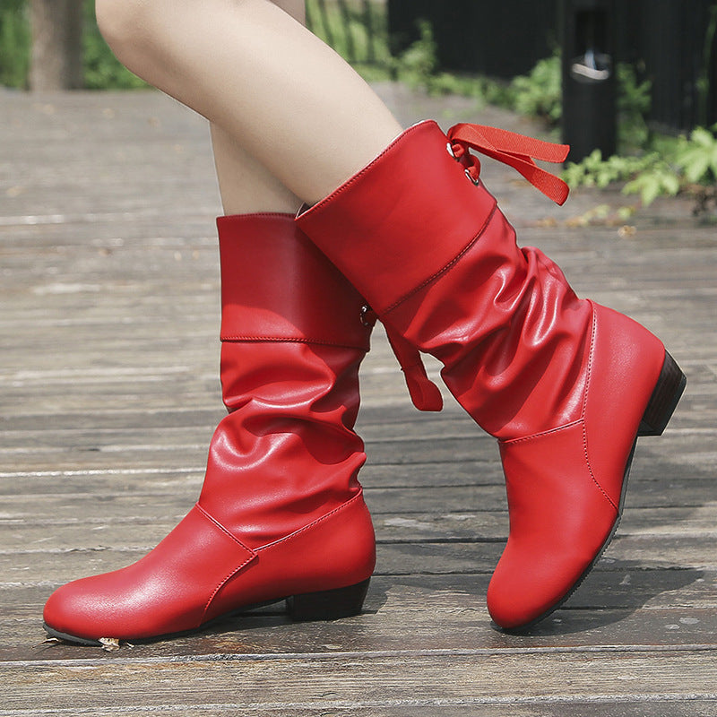 Damen elegante Stiefel mit modischem Raffungseffekt und verspieltem Schleifendetail EB