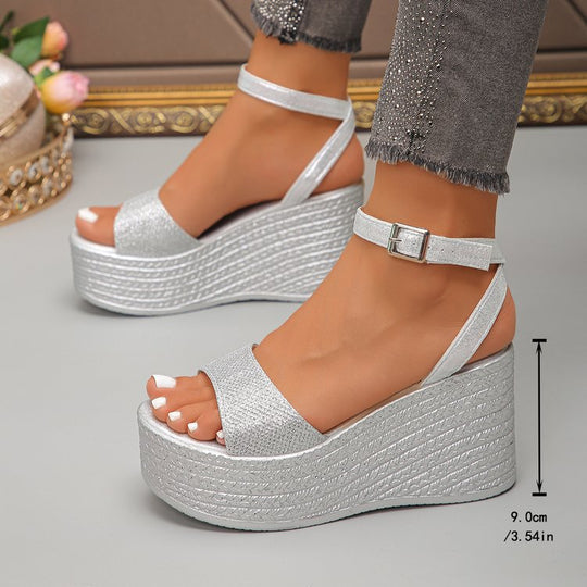 Damen modische Plateau-Sandalen mit glänzendem Obermaterial und verstellbarem Riemen EB