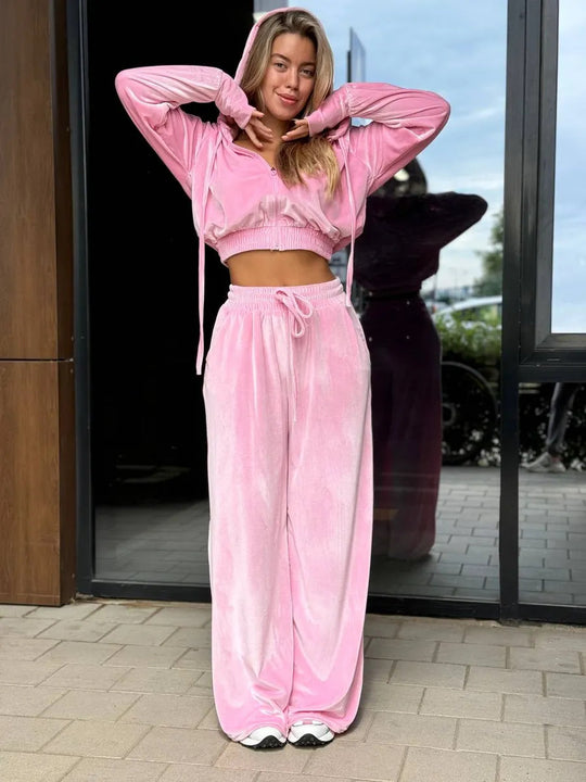 Damen Velours-Cropped-Hoodie und High-Waist Palazzo-Jogginghose Set EB