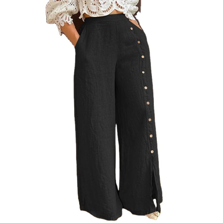 Damen Weite Leinenhose mit seitlichen Knöpfen und hoher Taille EB