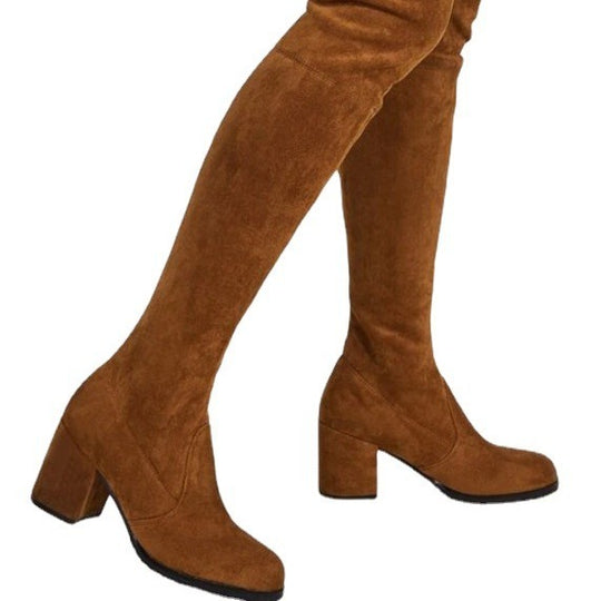 Damen Overkneestiefel mit modischem Blockabsatz und eleganter Schnürung EB