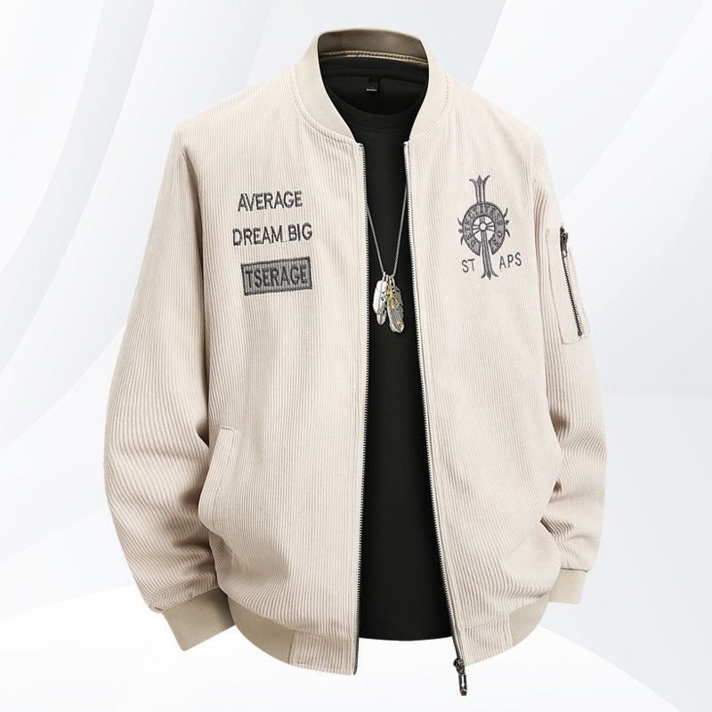 Men's  textured ribbed bomber jacket with embroidered chest crest and zip sleeve pocket EB