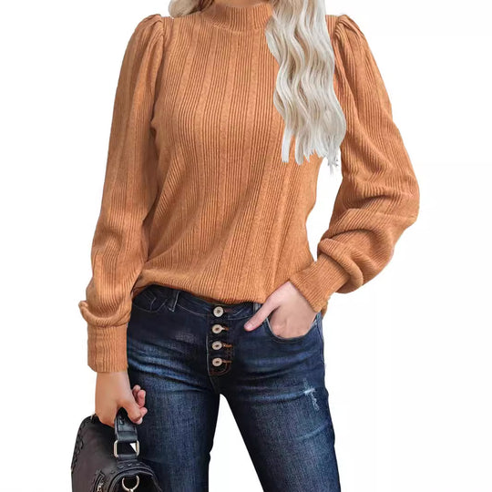 Damen trendiger Pullover mit schmalem Stehkragen und Puffärmeln EB