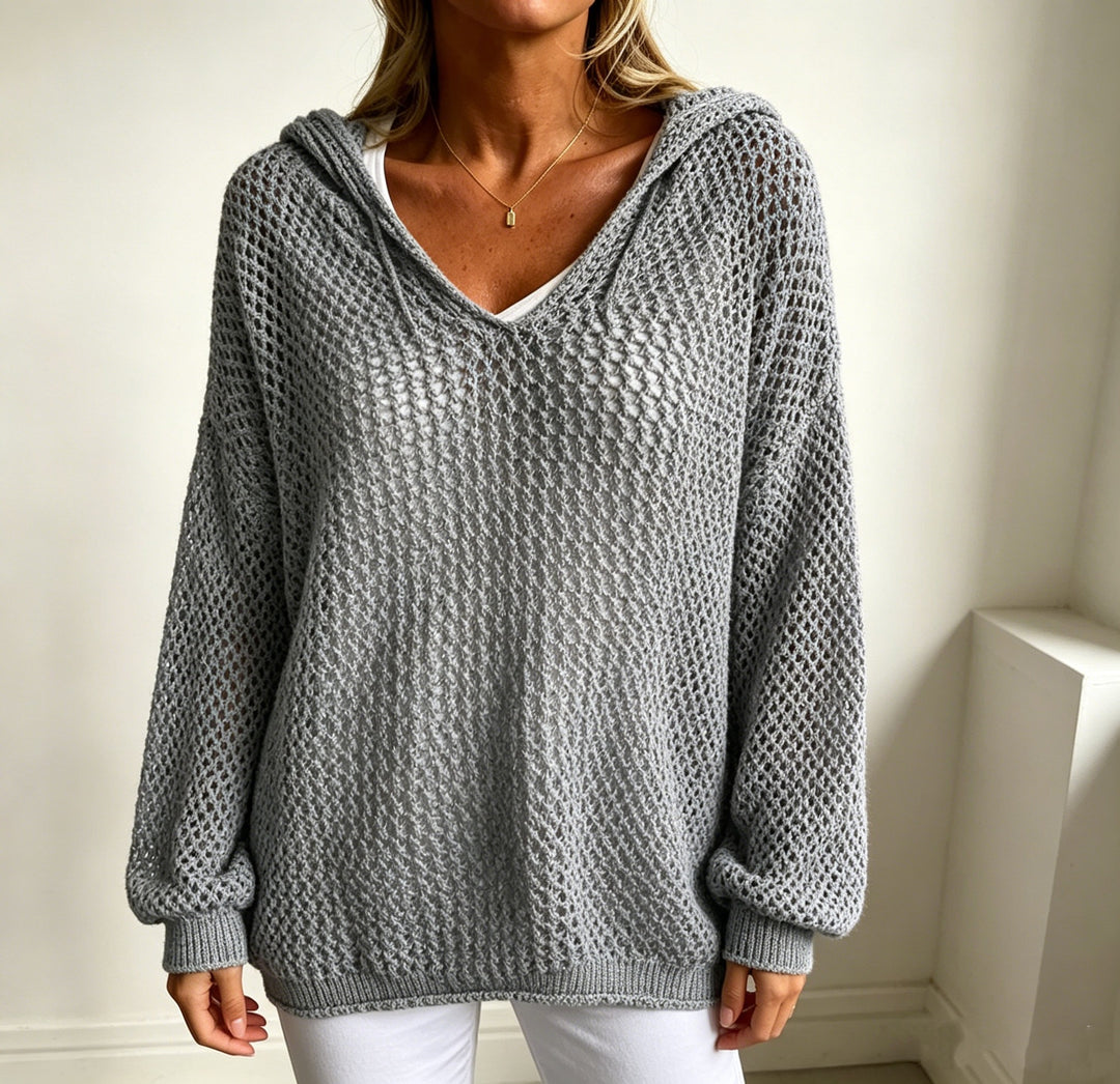 Damen Grobgestrickter V-Ausschnitt-Pullover mit Kapuze und Lochmuster EB