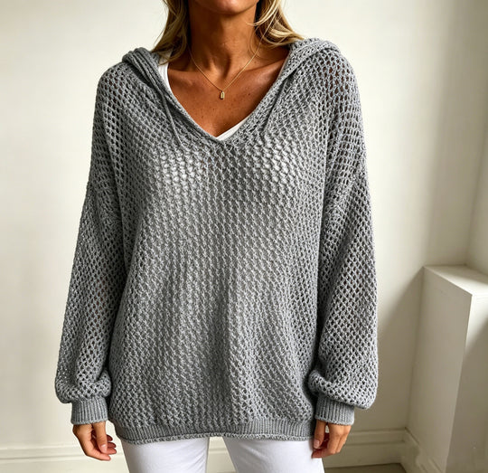 Damen Grobgestrickter V-Ausschnitt-Pullover mit Kapuze und Lochmuster EB