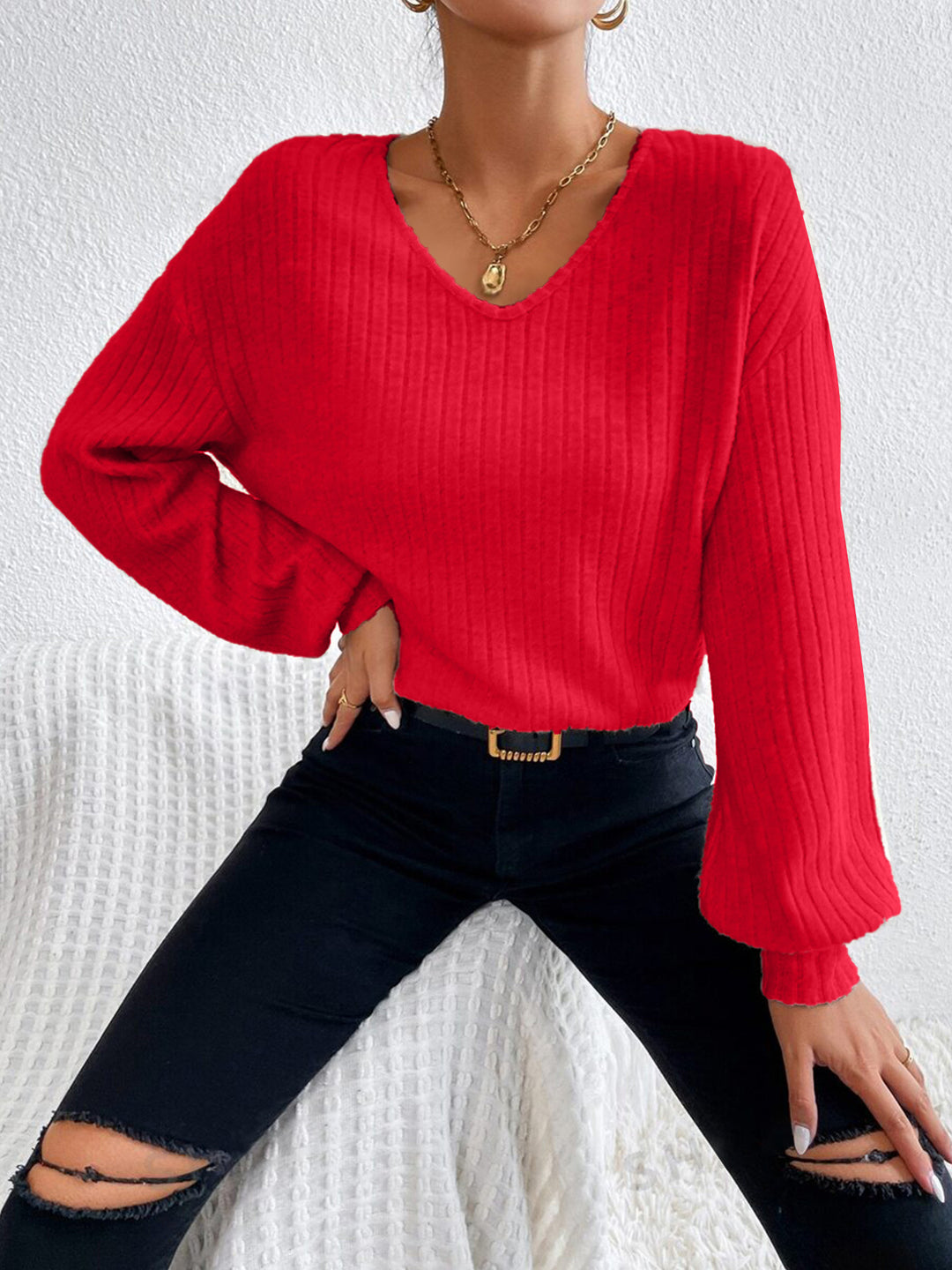Damen Strukturierter V-Ausschnitt Pullover mit weiten Ärmeln EB