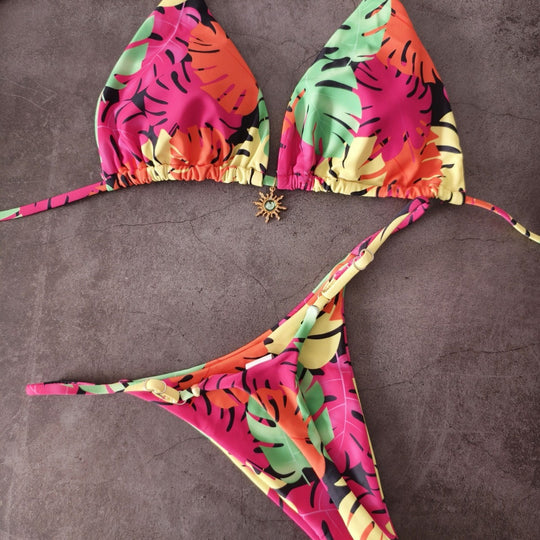Damen Triangel-Bikini mit tropischem Blättermuster EB