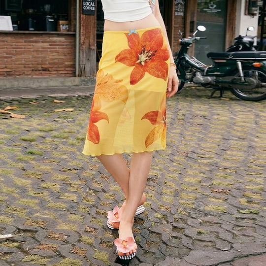 Damen Midi-Rock mit floralem Chiffon und elastischem Bund EB