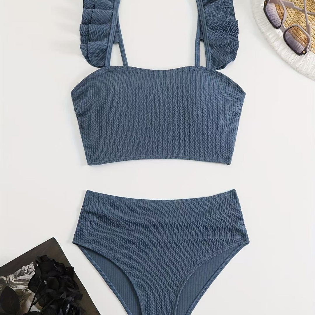 Damen Hochgeschnittenes Badeoberteil mit Rüschendetails und passendem Bikini-Unterteil EB