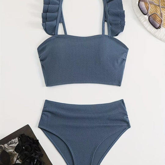 Damen Hochgeschnittenes Badeoberteil mit Rüschendetails und passendem Bikini-Unterteil EB