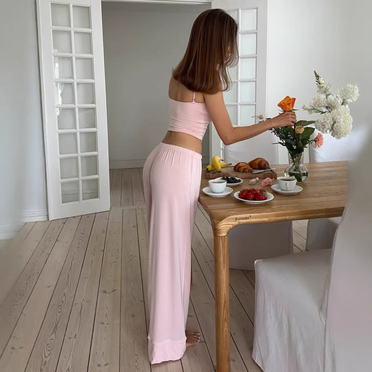 Damen Schlafanzug Set mit Spaghetti-Trägern und weitem Bein EB