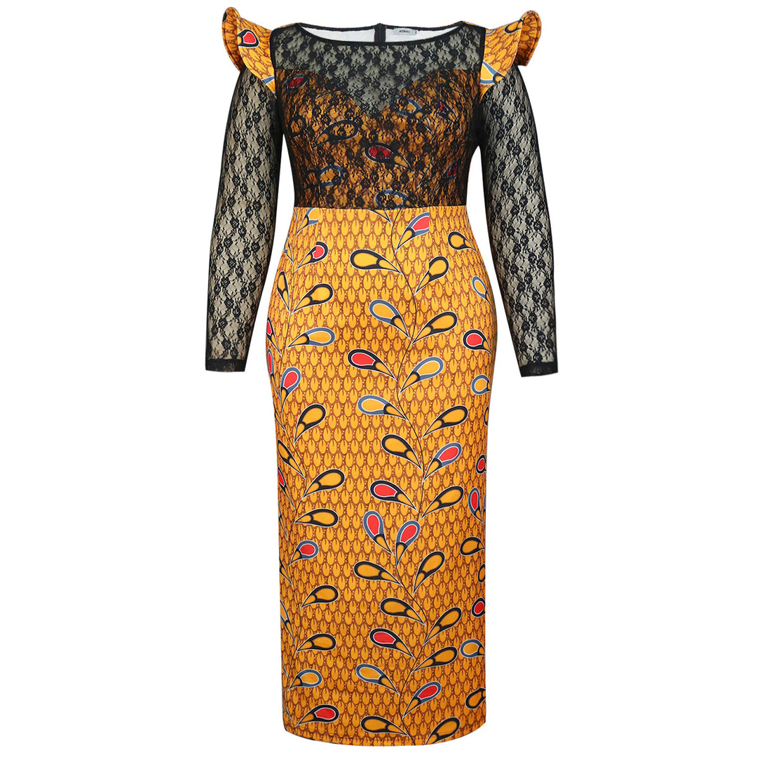 Damen Elegantes Langarmkleid mit floralem Muster und transparenter Spitzeneinlage EB