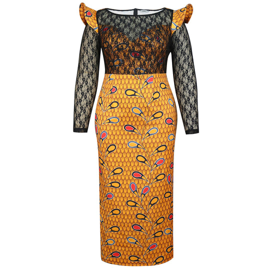 Damen Elegantes Langarmkleid mit floralem Muster und transparenter Spitzeneinlage EB