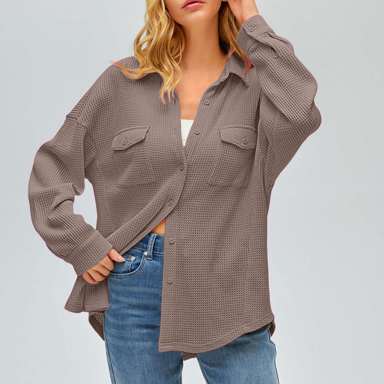 Damen nan oversized Waffelstrick Hemdjacke mit Brusttaschen und Knopfleiste EB