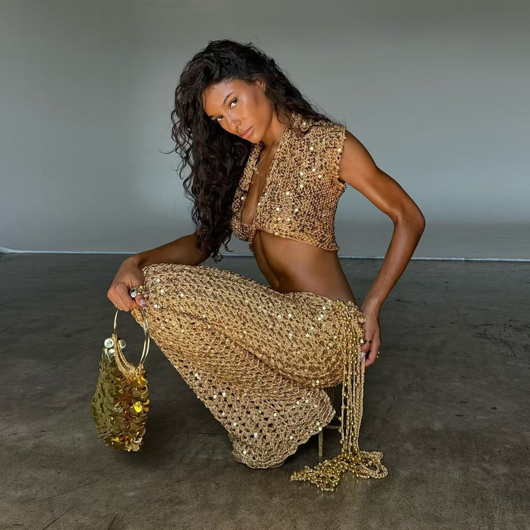 Damen Glitzerndes Festival-Outfit mit kurzem Rock und Bandeau-Oberteil EB