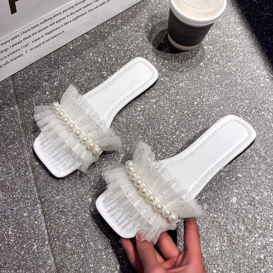 Damen Modische Slide-Sandalen mit Perlenverzierung und Tüll-Applikationen EB