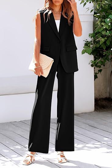 Damen ärmelloses Blazer-Set mit weit geschnittenen Hosen EB