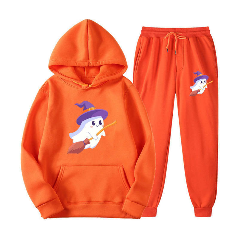 Unisex nan kuscheliger Kapuzenpullover und Jogginghose Set mit Halloween-Geistprint EB