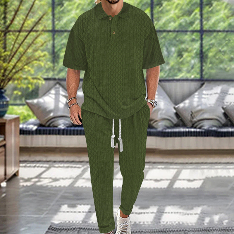 Herren nan Jacquard-Loungewear-Set mit Polokragen Kordelzugbund und konisch geschnittener Jogginghose EB