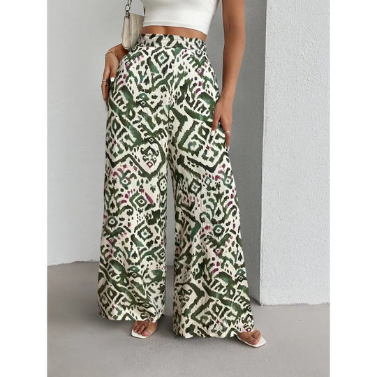 Damen Weite Palazzo-Hosen mit farbenfrohem Muster und hohem Taillenbund EB