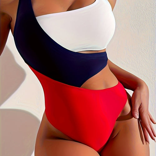 Damen Einteiler Badeanzug mit asymmetrischem Design und hoch geschnittenem Unterteil EB