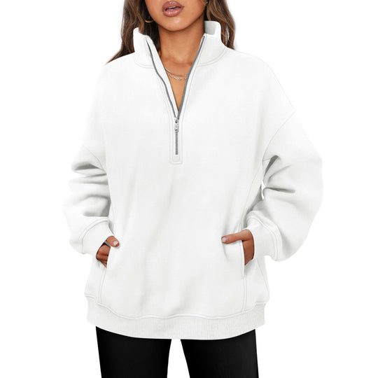Damen nan oversized Halbzip-Pullover mit Stehkragen, Kängurutasche und Rippbündchen EB