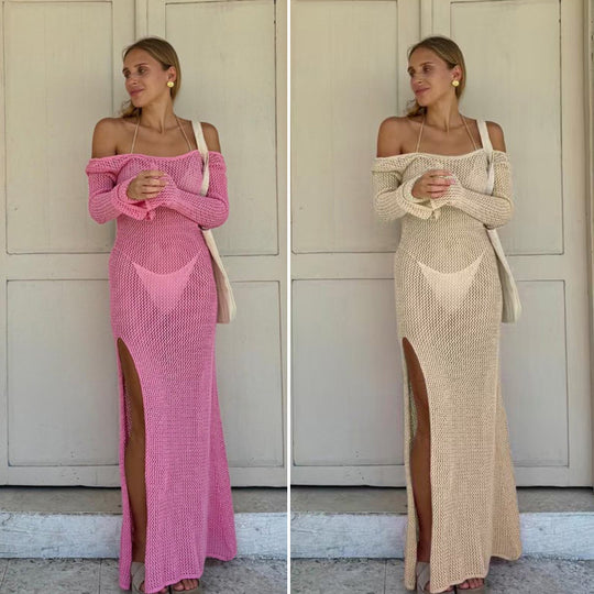 Damen Häkel-Maxikleid mit offener Schulterpartie und seitlichem Schlitz EB