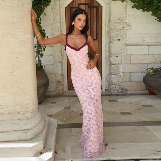 Damen Elegantes Spitzenmaxikleid mit feinem Trägerdesign EB