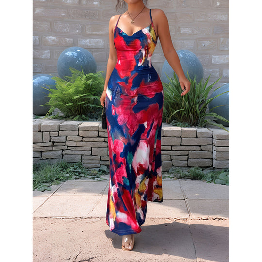 Damen Maxikleid mit floralem Aquarelldruck und schmalen Spaghetti-Trägern EB
