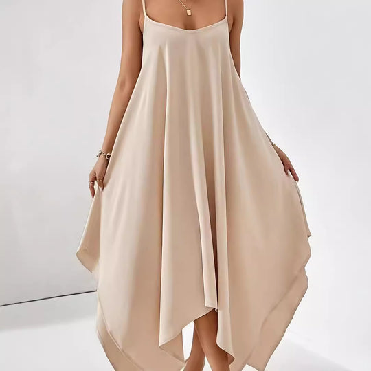 Damen luftiges Maxikleid mit asymmetrischem Saum und feinen Spaghettiträgern EB