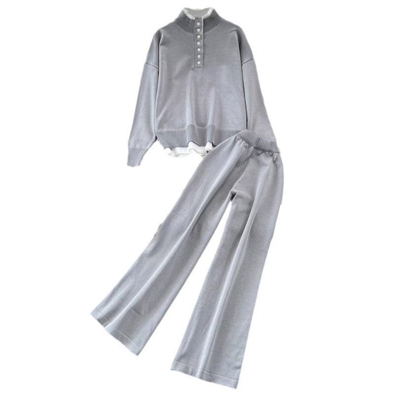 Damen Loungewear-Set mit hoher Rippstruktur und Knopfdetaillierung EB
