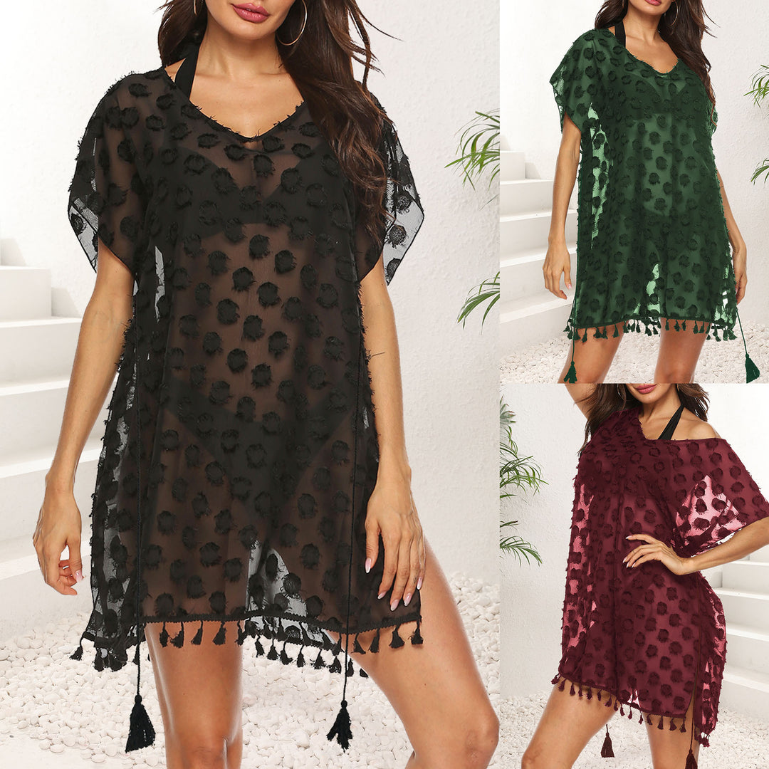 Damen transparenter Strandüberwurf mit trendy Quasten EB