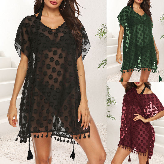 Damen transparenter Strandüberwurf mit trendy Quasten EB