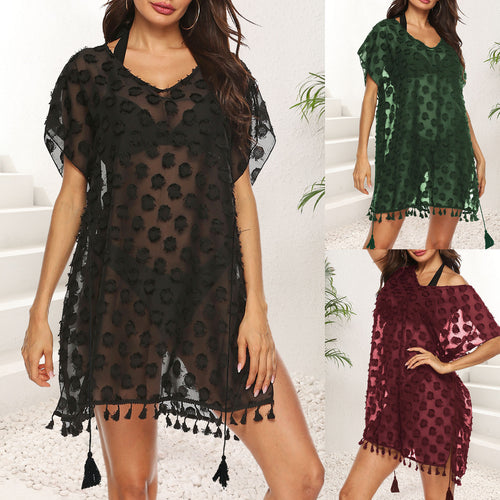 Damen transparenter Strandüberwurf mit trendy Quasten EB