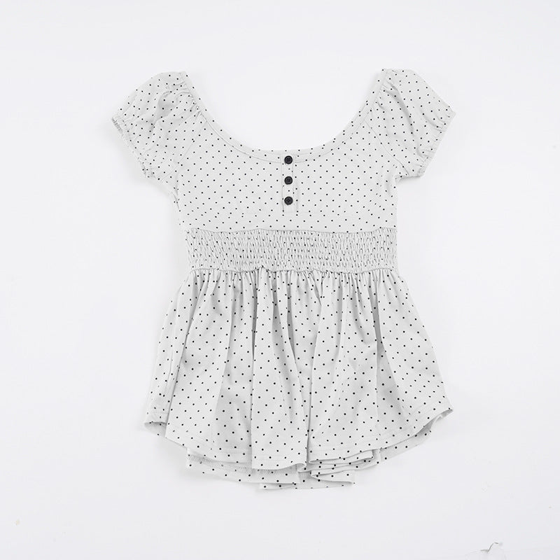 Damen Verspieltes Polka Dots Oberteil mit Rüschen und Knopfleiste EB