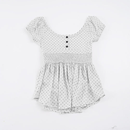 Damen Verspieltes Polka Dots Oberteil mit Rüschen und Knopfleiste EB