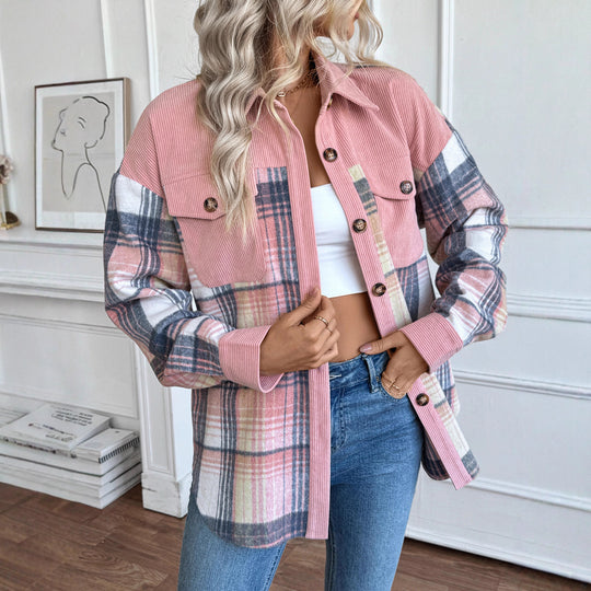 Damen Karierte Hemdjacke mit Cordbesatz und Oversize-Schnitt EB