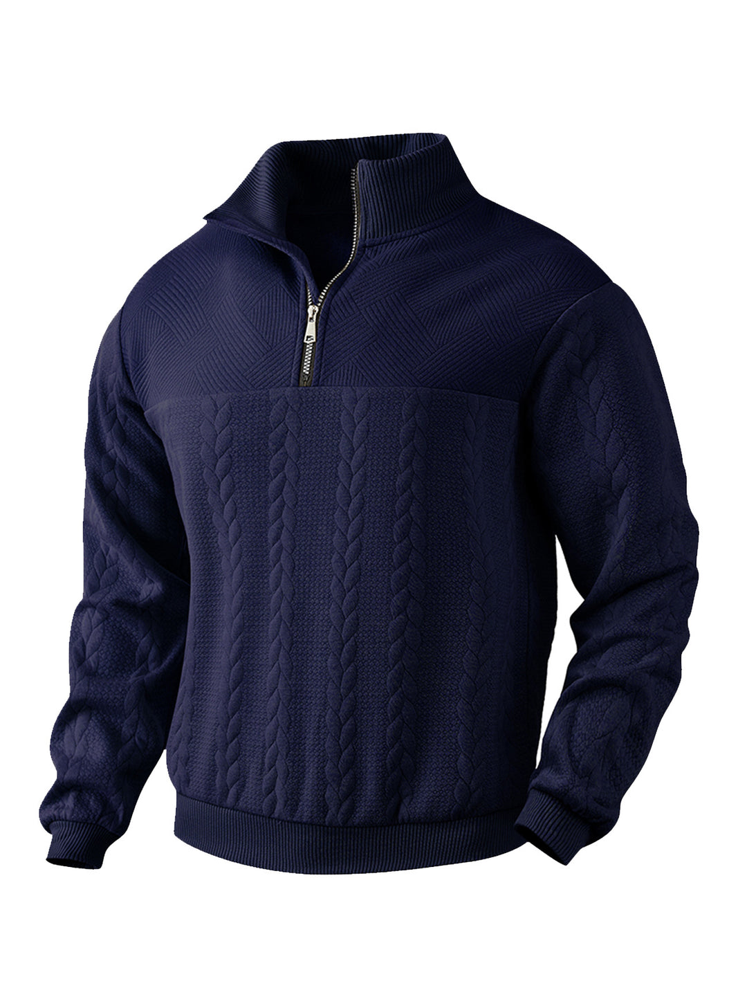 Herren nan texturierter Strickpullover mit Halbzip, geflochtenem Zopfmuster und hohem Stehkragen EB