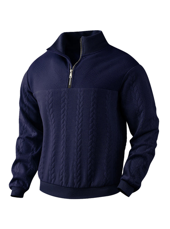 Herren nan texturierter Strickpullover mit Halbzip, geflochtenem Zopfmuster und hohem Stehkragen EB
