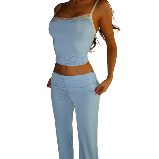 Damen elegantes Lounge-Set mit tailliertem Top und weitem Hosenbein EB