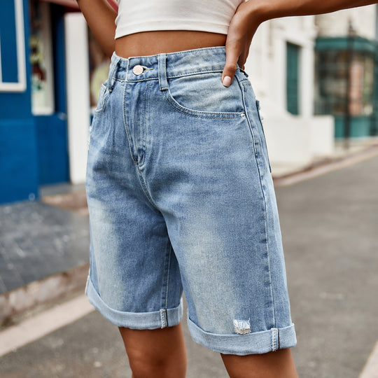 Damen entspannte Denim-Shorts mit umgeschlagenem Saum EB